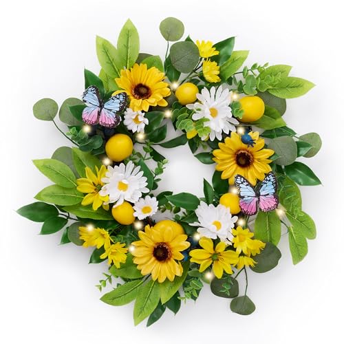 Valery Madelyn 45.7cm künstliche Blumenkranz, Sonnenblume Frühlingskranz mit LED Licht, Türkranz für Fenster, Wand, Hochzeit, Party von VALERY MADELYN