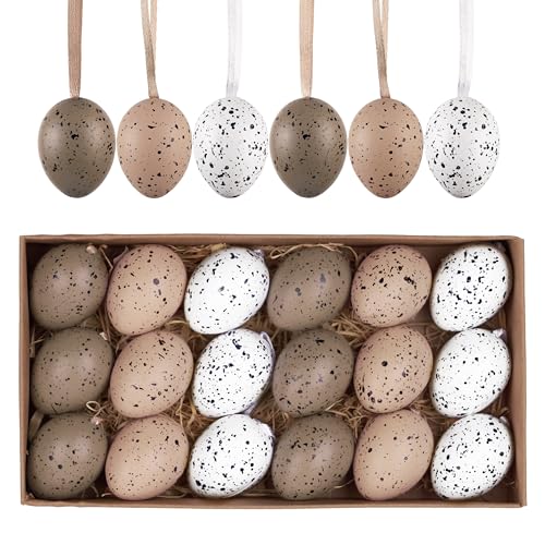 Valery Madelyn 18er Ostereier zum Aufhängen für Osterdeko,4cm Naturfarbene künstliche Mini Ostereier für Ostern Deko,Braun Weiß Ornament für Osterkörbchen Frühlingsdeko,Ostern Geschenke Kinder von VALERY MADELYN