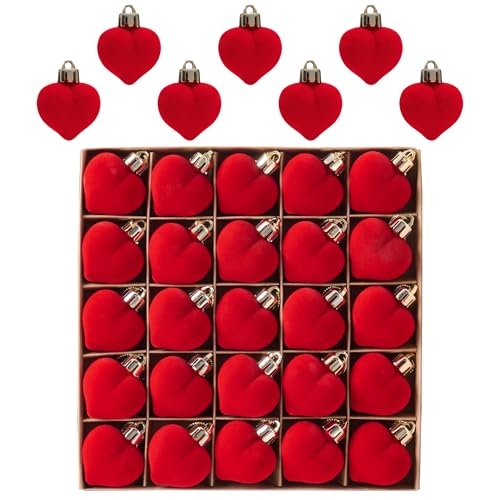 Valery Madelyn 25pcs Valentinstag deko Herz Kugeln Anhanger,Romantisch Deko Rot Beflockte Herzchen Set,Hochzeitsdeko Heiratsantrag,Party,4cm von VALERY MADELYN