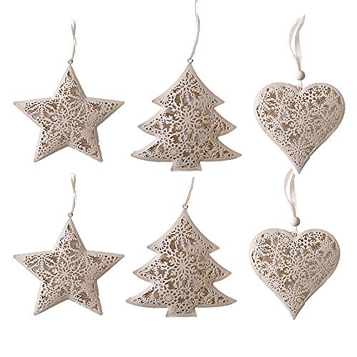 Valery Madelyn 6er Set 11-12cm Metall Weihnachtsanhänger Weihnachtsdeko hohles Herz Stern Baum Anänger Weihnachtsdekoration zum Aufhängen für Christbaumschmuck MEHRWEG Verpackung von Valery Madelyn