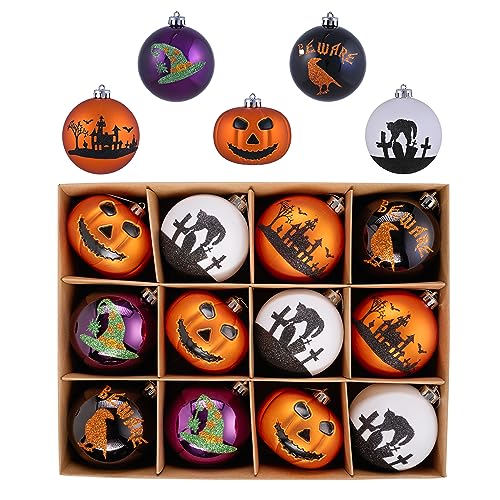 Valery Madelyn Halloween deko 12 Stück 8cm bruchsichere Halloween Kugeln mit Kürbis, freche dekorative Halloween Baumkugeln zum Aufhängen für Halloween Dekorationen von VALERY MADELYN