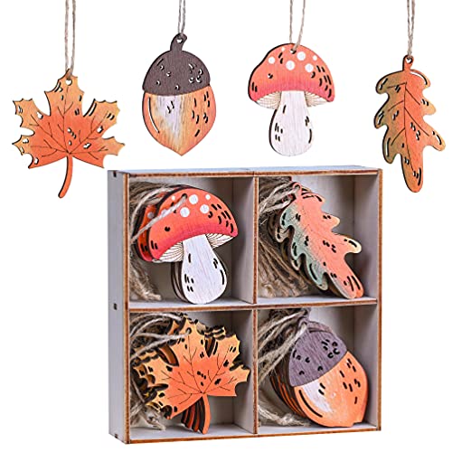 Valery Madelyn Holz Deko Hänger Herbst Dekoration 24er Set 4.5-5.5cm Ahornblatt Kiefernzapfen Pilz Blätter Herstdeko Bunte bemalt Fensterhänger mit Schnur zum Aufhängen Erntedankfest Thanksgiving von VALERY MADELYN