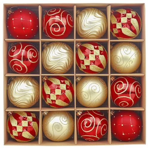 Valery Madelyn Kunststoff Christbaumkugeln 16 Stücke 8CM Baumschmuckkugeln Weihnachtskugeln mit Aufhänger für Weihnachtsdekoration Traditionelles Thema Rot Golden von Valery Madelyn