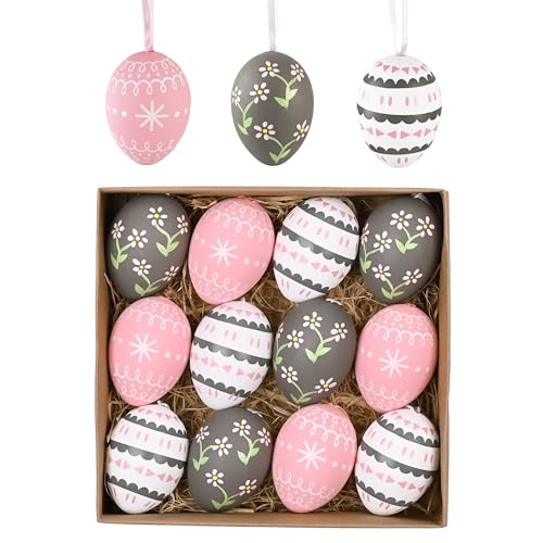 VALERY MADELYN Ostern Deko Eier Kunststoff 12er Set 6cm Plastikeier Osterdeko Ostereier zum Aufhängen für Ostern Dekoration Frühlingsdeko Ostereier Plastik Frühlingsdeko Grau Rosa Weiß von VALERY MADELYN