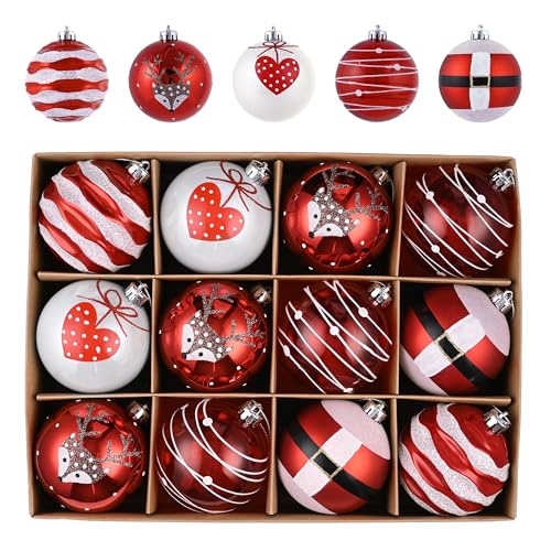 Valery Madelyn Weihnachtskugeln, 12 Stücke 8cm Christbaumkugeln Kunststoff Weihnachtskugel Weihnachtsdeko mit Aufhänger Geschenkpaket Weihnachtsbaumschmuck Rot Weiß Thema von VALERY MADELYN