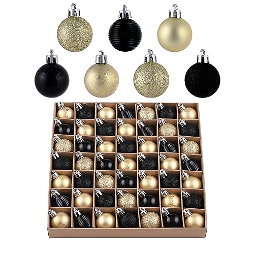 Valery Madelyn Weihnachtskugeln, 49pcs 3cm Christbaumkugeln Kunststoff Weihnachtskugel Weihnachtsdeko mit Aufhänger Geschenkpaket Weihnachtsbaumschmuck Schwarz Gold Thema von VALERY MADELYN