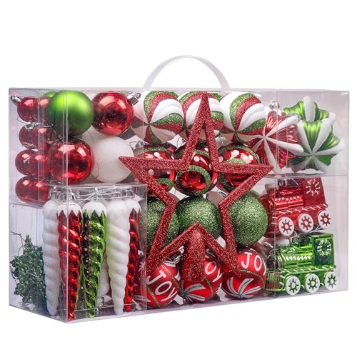 Valery Madelyn Weihnachtskugeln 100 TLG 3-20cm Kunststoff Christbaumkugeln zur Weihnachtsdekoration mit Weihnachtsbaumspitze und Aufhänger Klassische Serie Thema Rot Grün Weiß MEHRWEG Verpackung von Valery Madelyn