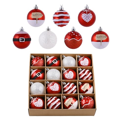 Valery Madelyn Weihnachtskugeln 16 Stücke 6cm Christbaumkugeln Kunststoff Weihnachtskugel Weihnachtsdeko mit Aufhänger Geschenkpaket Weihnachtsbaumschmuck Rot Weiß Thema von VALERY MADELYN