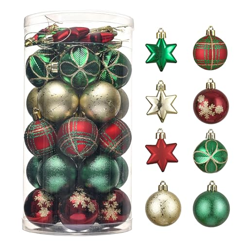 Valery Madelyn Weihnachtskugeln 35 Stück 5 cm Bruchsichere Christbaumkugeln mit Aufhänger, Plastik Weihnachten Deko Landstraße Thema Rot Grün Gold von Valery Madelyn