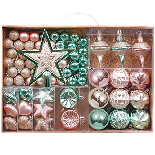 Valery Madelyn Weihnachtskugeln 70tlg 3-17cm Plastik Christbaumkugeln Weihnachtsbaumschmuck mit Weihnachtsbaumspitze und passende Aufhänger Eleganter Palast Thema Mintgrün Rosa Gold MEHRWEG Verpackung von VALERY MADELYN