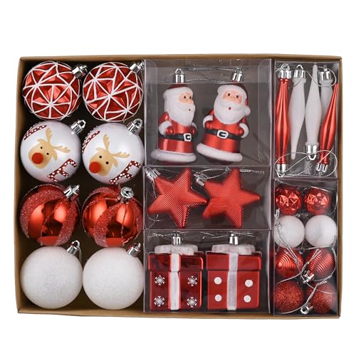 Valery Madelyn Weihnachtskugeln Set, 40pcs Christbaumkugeln Kunststoff Weihnachtskugel Weihnachtsdeko mit Aufhänger Geschenkpaket Weihnachtsbaumschmuck Rot Weiß Thema von VALERY MADELYN