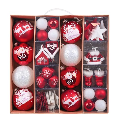 Valery Madelyn Weihnachtskugeln Set, 60pcs Christbaumkugeln Kunststoff Weihnachtskugel Weihnachtsdeko mit Aufhänger Geschenkpaket Weihnachtsbaumschmuck Rot Weiß Thema von VALERY MADELYN