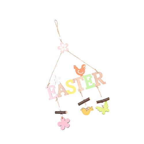 VALICLUD 1pcs Ostern Schriftzug Holz Windspiel Osterdeko Hello Spring Easter Vogel Huhne bunt Blumen Schmetterling Holzschrift Wohnzimmer Kinderzimmer Frühlingsdeko Fensterdeko von VALICLUD