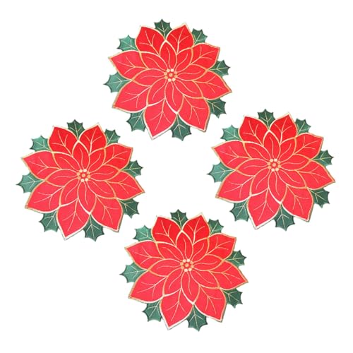 VALICLUD 4 Stück Weihnachtliche Tischsets mit Besticktem Poinsettia Große Rote Leinen Platzsets mit Wärmeisolierung Dekorative Esstisch Unterlagen für Festliche Deko von VALICLUD