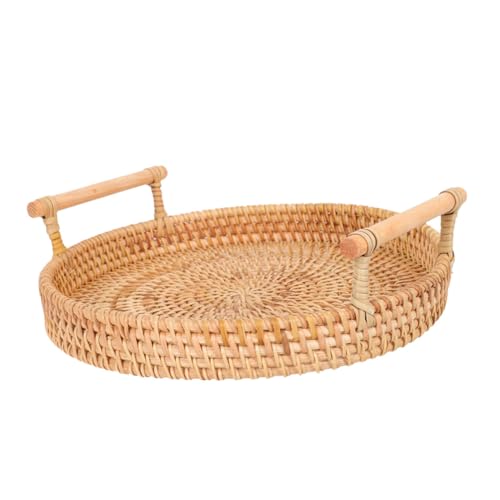 VALICLUD Handgefertigtes Rattan Serviertablett Rund mit Griffen Handgewebtes Wicker Tablett für Brot Obst Snacks Natürliches Korbtablett für Servieren und Dekoration VALICLUD Handgefertigtes Rattan Serviertablett Rund mit Griffen Handgewebtes Wicker Tablett für Brot Obst Snacks Natürliches Korbtablett für Servieren und Dekoration von VALICLUD