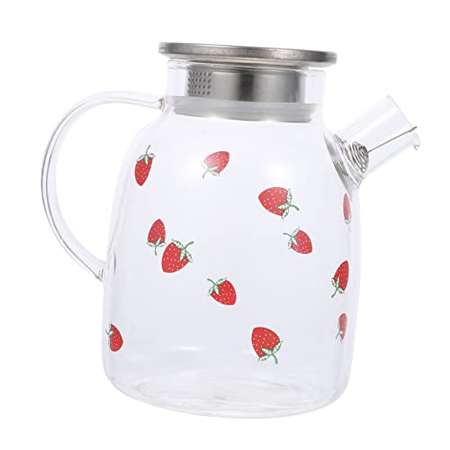 VALICLUD Hitzebeständiger Glas Teekessel mit Erdbeermuster Großer Kapazität Durchsichtig Spülmaschinenfest Breiter Griff für Kräutertee und Kaltes Aufbrühen Geeignet von VALICLUD