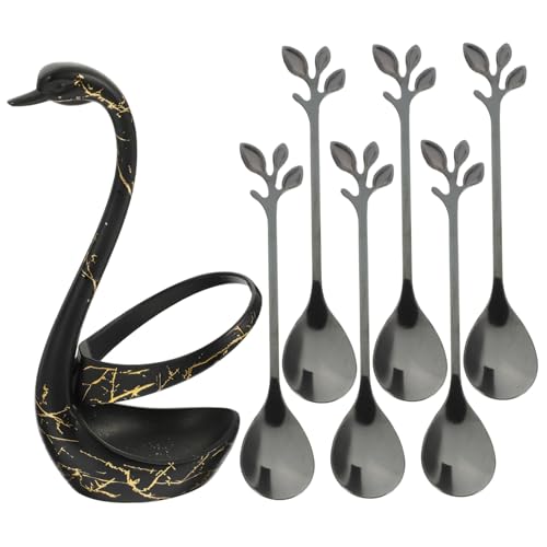 VALICLUD Kaffee und Dessertlöffel Set mit Schwarzem Schwanenhalter Vielseitige Mehrzweck Löffel für Haushalt und Party Stilvoller Besteckhalter Praktisch und Leicht zu Reinigen von VALICLUD