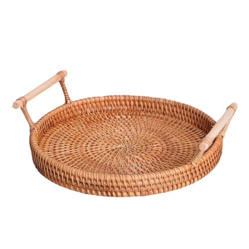 VALICLUD Rattan Serviertablett mit Griff Handgeflochtenes Multifunktionales Tablett für Brot Obst Snacks Große Kapazität rutschfeste Kanten Bequem Tragbar Natürliche Dekoration für Küche von VALICLUD