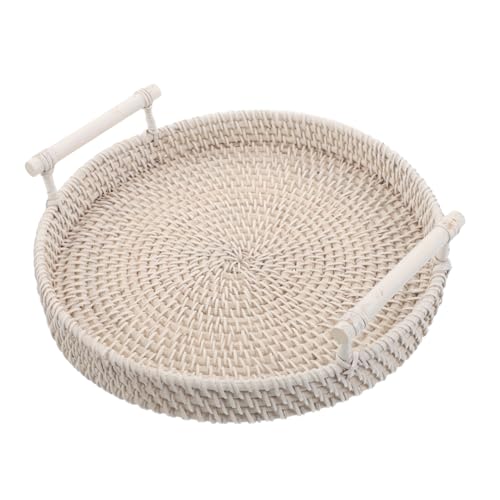 VALICLUD Rundes Handgeflochtenes Rattan Serviertablett mit Weißen Griffen Nachhaltiges Aufbewahrungstablett für Gästetücher Snacks und Brot Vielseitiges Organizer Tablett für Küche VALICLUD Rundes Handgeflochtenes Rattan Serviertablett mit Weißen Griffen Nachhaltiges Aufbewahrungstablett für Gästetücher Snacks und Brot Vielseitiges Organizer Tablett für Küche von VALICLUD