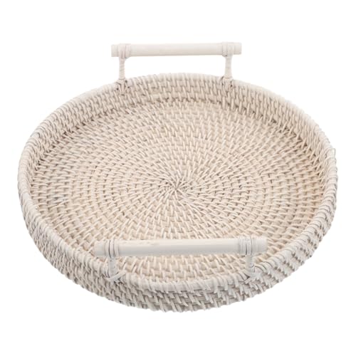 VALICLUD Rundes Rattan Serviertablett mit Griffen Handgeflochtenes Naturmaterial Geräumig für Gästetücher Snacks Obst Dekoratives Aufbewahrungs Präsentationstablett für Küche Wohnzimmer von VALICLUD