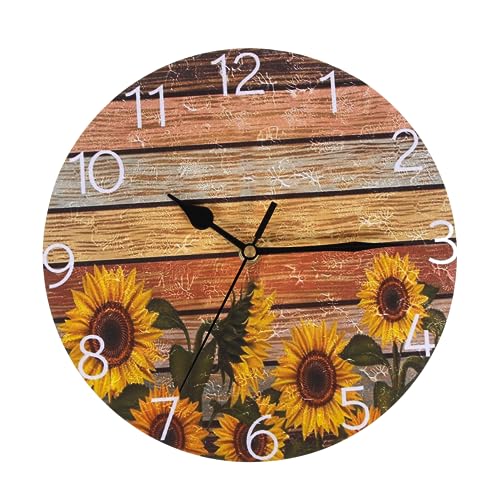 VALICLUD Rustikale Wanduhr aus Holz Rund Sonnenblume Geräuschlos ohne Batterie für Wohnzimmer Schlafzimmer Büro und Esszimmer Arabische Ziffern Klare Anzeige Einfache Montage Vintage Stil von VALICLUD
