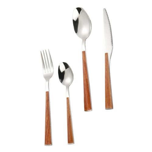 VALICLUD Teiliges Edelstahl Besteck mit Holzgriff Bestehend aus Messer Gabel Großem und Kleinem Löffel Robustes Komfortables Koch Essbesteck für Zuhause und Restaurantgebrauch von VALICLUD
