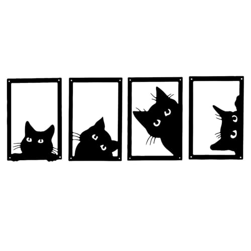 VALINSKY 4 Stück Katze Metall Wandkunst Dekor Schwarz Niedliche Katze Metall Wandbehang Skulptur Schild für Wohnzimmer Schlafzimmer Büro Innendekoration von VALINSKY
