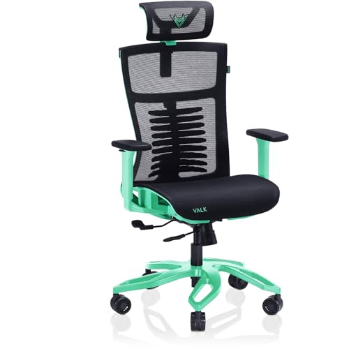 VALK Noma - Atmungsaktiver Netz-Gaming-Stuhl, Ergonomischer Bürostuhl, 3D-Armlehnen, Synchron-Mechanismus mit verschiebbarem Sitz, Aluminium-Stuhlfuß, verstellbare Rückenlehne (Schwarz/Aqua Menthe) von VALK