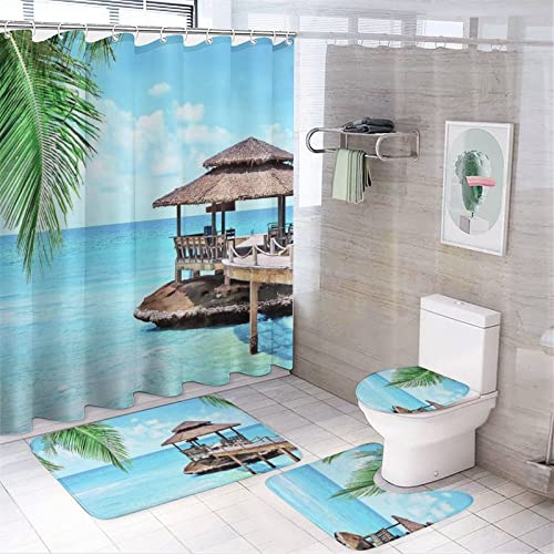 VALKEM Badezimmerteppich Und Duschvorhang Duschvorhang, Wasserdicht, 4-teiliges Set, Duschvorhang, Badezimmer, WC-Vorleger, rutschfest, Bezug Für Toilettensitz, Strand, Sommer (2,120x200cm) von VALKEM