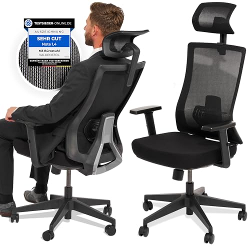VALKENSTOL M3 Klassik Bürostuhl Ergonomisch Testsieger mit verstellbaren Armlehnen | Schreibtischstuhl mit Lendenwirbelstütze Rückenschonend | PC Stuhl mit Kopfstütze | Office Chair Synchronmechanik von VALKENSTOL