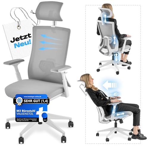 VALKENSTOL M3 Pro Ergonomischer Bürostuhl 150 kg Grau – [Höhenverstellbare Lordosenstütze] Schreibtischstuhl Bürostühle Bürostuhl Ergonomisch PC Stuhl Drehstuhl Office Chair Ergonomic Weiss von VALKENSTOL