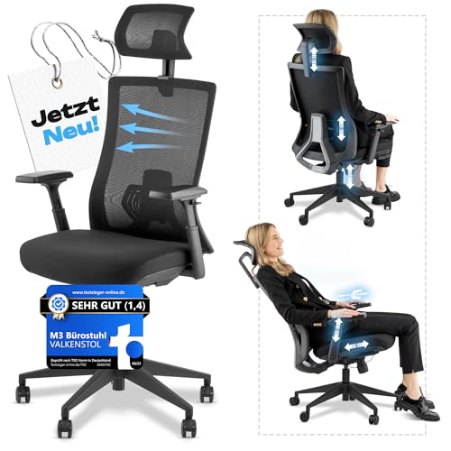 VALKENSTOL M3 Pro Ergonomischer Bürostuhl 150 kg Schwarz – [Höhenverstellbare Lordosenstütze] Schreibtischstuhl Bürostühle Bürostuhl Ergonomisch PC Stuhl Drehstuhl Office Chair Ergonomic Desk von VALKENSTOL