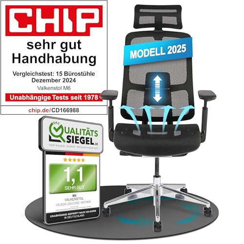 VALKENSTOL M6 Bürostuhl Ergonomisch Testsieger | Grosse Menschen Schreibtischstuhl | Mesh-Sitz Office Chair mit adaptiver Lordosenstütze und Verstellbarer Rückenlehne für Gesundes Sitzen Chefsessel von VALKENSTOL