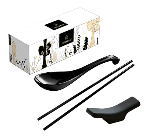 12-teiliges Ramen-Set: 4 schwarze Löffel, 4 Essstäbchen und 4 Ständer. Asiatische Suppenlöffel. Unzerbrechliches Melamin. Perfekt für japanische und chinesische Speisen: Ramen, Reis, Pho Suppe. 12-teiliges Ramen-Set: 4 schwarze Löffel, 4 Essstäbchen und 4 Ständer. Asiatische Suppenlöffel. Unzerbrechliches Melamin. Perfekt für japanische und chinesische Speisen: Ramen, Reis, Pho Suppe. von VALLENWOOD