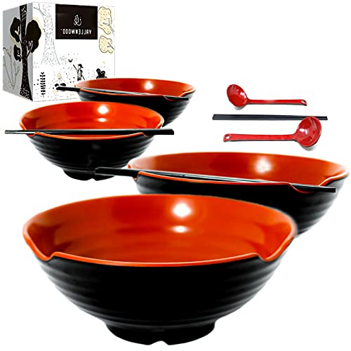 4 XL-Schüssel-Set, 16-teiliges Pho-Schüssel-Set, Ramenschalen mit schwarzen XL-Löffeln, Essstäbchen und Saucenschalen. Restaurant-Qualität Melamin, Thai, chinesisches Geschirr. (23 cm, Red) von VALLENWOOD