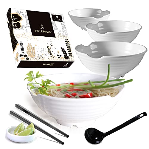 4 XL-Schüssel-Set, 16-teiliges Pho-Schüssel-Set, Ramenschalen mit schwarzen XL-Löffeln, Essstäbchen und Saucenschalen. Restaurant-Qualität Melamin, Thai, chinesisches Geschirr. (23 cm, All White) von VALLENWOOD