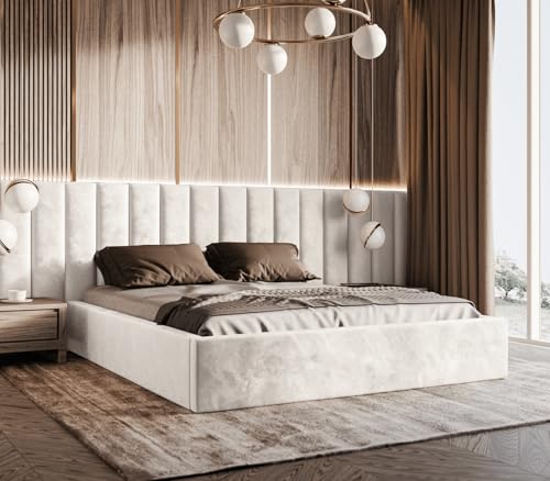 Vilde – Polsterbett für Matratze – Doppelbett Schlafzimmer mit Bettkasten und Wandpaneelen – modernes Bett für Schlafzimmer, komfortabler Schlaf (Piano 01 Cremeweiß, 200x200) von VALLH
