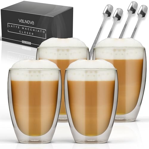 VALNOVA® Latte Macchiato Gläser [4x 350ml] - Doppelwandige Kaffeegläser Inkl. 4x Löffel - Cappuccino Gläser aus Borosilikat-Glas mit Thermo-Effekt für heiße und kalte Getränke von VALNOVA