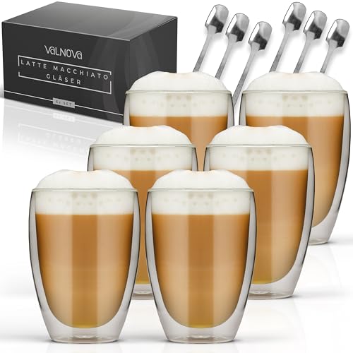 VALNOVA® Latte Macchiato Gläser [6x 350ml] - Doppelwandige Kaffeegläser Inkl. 6x Löffel - Cappuccino Gläser aus Borosilikat-Glas mit Thermo-Effekt für heiße und kalte Getränke von VALNOVA