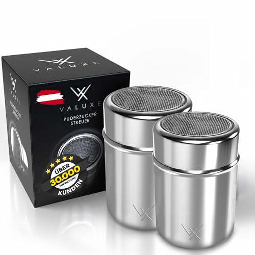VALUXE® Puderzuckerstreuer Set in 2 Größen - Edelstahl Kakaostreuer mit feinem Sieb & Deckel - Puderzucker Pulver Streuer für präzises Bestäuben - Zuckerstreuer, Mehlstreuer spülmaschinengeeignet von VALUXE
