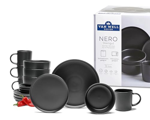 VAN WELL Premium Geschirrset Nero - Elegantes Schwarz Mattes Service & Geschirrset für 4 Personen - 4x Müslischalen, 4x Platzteller, 4x Unterteller, 4x Tassen - Spülmaschinen- und Mikrowellenfest von Van Well