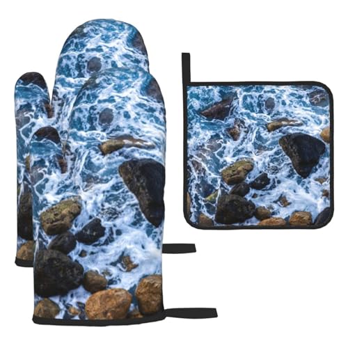 Sea Stones Hitzebeständige Ofenhandschuhe und Topflappen. Mit Umhängeband, wasserdicht und langlebig. Für Küche, Grillen und Backen. von VANANI