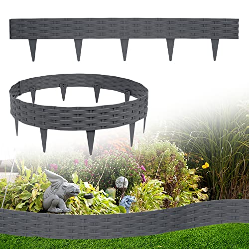 VANCHEMO 10m Rattan Rasenkante Kunststoff - Beetumrandung Rattanoptik, Gartenpalisade Beeteinfassung Anthrazit, 10 Module, UV-beständig Beetzaun, Mähkante Beetbegrenzung Vielseitig Einsetzbar von VANCHEMO