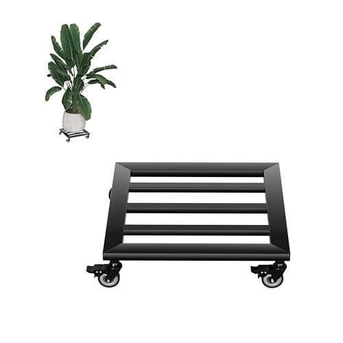 VANCHEMO 2er Set quadratischer Blumenroller aus stabilem Eisen 30x15mm, Ø30cm, schwarz pulverbeschichtet, mit 4 Metall-PU-Rollen (2X mit Bremse), robust & witterungsbeständig, ideal für Blumentöpfe von VANCHEMO