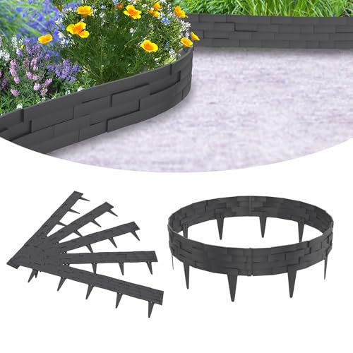 VANCHEMO 5m Rasenkante Kunststoff, Beetumrandung Steinbricksimulationsstil, Gartenpalisade Beeteinfassung, 5 Module, UV-beständig Beetzaun, Mähkante Beetbegrenzung Vielseitig Einsetzbar, Anthrazit von VANCHEMO