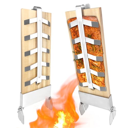 VANCHEMO Flammlachsbrett 2er-Set mit 5 Stufen Edelstahl-Halterung zum Grillen und Räuchern von Lachs, Forellen - Zedernholz Classic für Feuerschale, Grill, Lagerfeuer von VANCHEMO