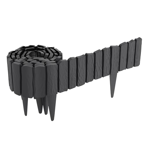 VANCHEMO Holzoptik Rasenkante PP Kunststoff 2,3 m, Beeteinfassung Beetumrandung mit 10 cm Stifte Holzmaserung imitiert Mähkante Gartenpalisade Beetzaun für Garten, Anthrazit von VANCHEMO