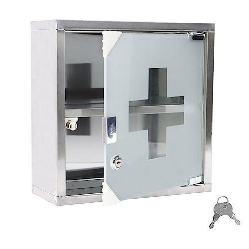 VANCHEMO Medizinschrank Edelstahl 2 Fächer Medikamenten Aufbewahrung Apothekerschrank 30x30 cm Hängend mit Glas Tür Abschließbar Medikamentenschrank Arzneischrank von VANCHEMO