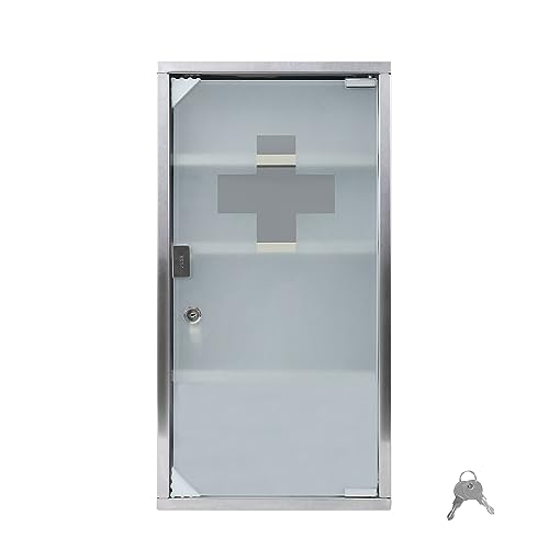 VANCHEMO Medizinschrank Edelstahl 4 Fächer Medikamenten Aufbewahrung Apothekerschrank 30x58 cm Hängend mit Glas Tür Abschließbar Medikamentenschrank Arzneischrank von VANCHEMO