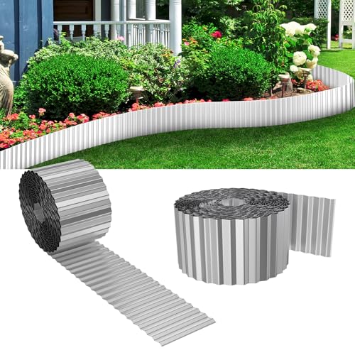 VANCHEMO Rasenkante Metall Beetbegrenzung Flexible Beeteinfassung Beetumrandung Verzinkt Rasenbleche Mähkante Rasen Umrandung, 10mx15cm Hoch, Silber von VANCHEMO